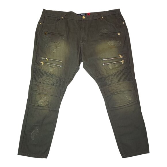 Makobi Mens Distressed Faded Pants Olive Green Size 50X32 With Zipper Accents - Picture 1 of 11